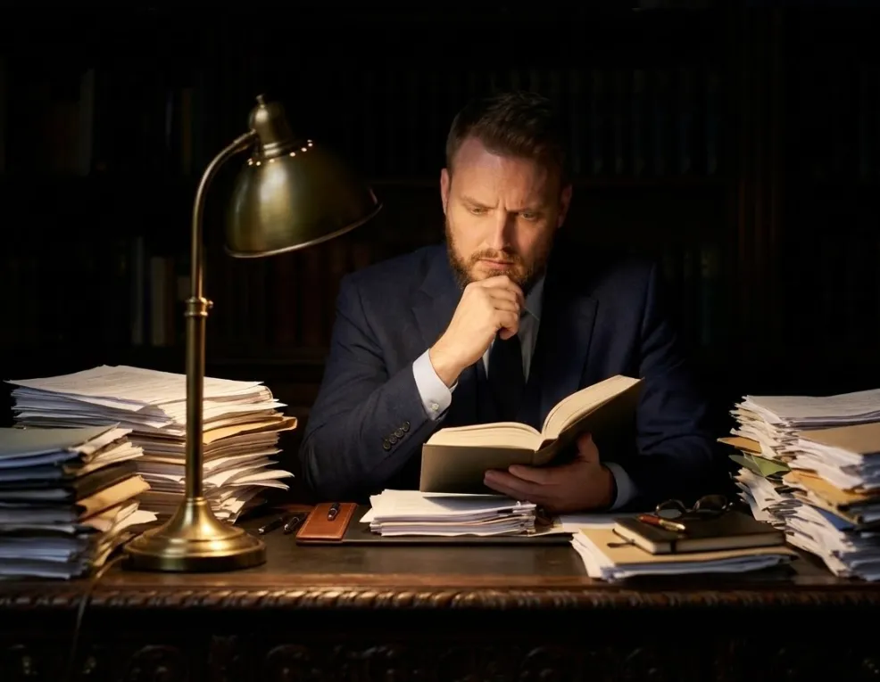 Dziennikarz pracujący w nocy nad badaniami